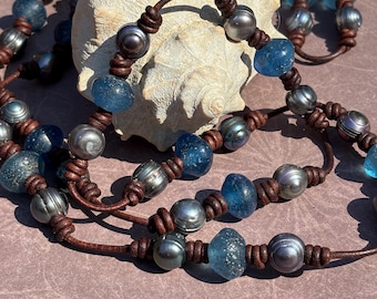 Hand Knotted Leather Necklace, Peacock Pearl and Blue Glass Beads