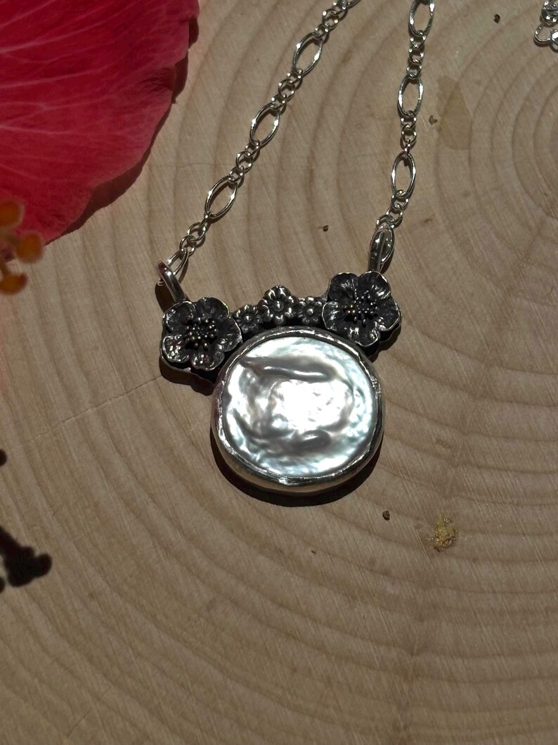 Coin Pearl and Flower Minnie Mouse handmade sterling silver necklace image 3