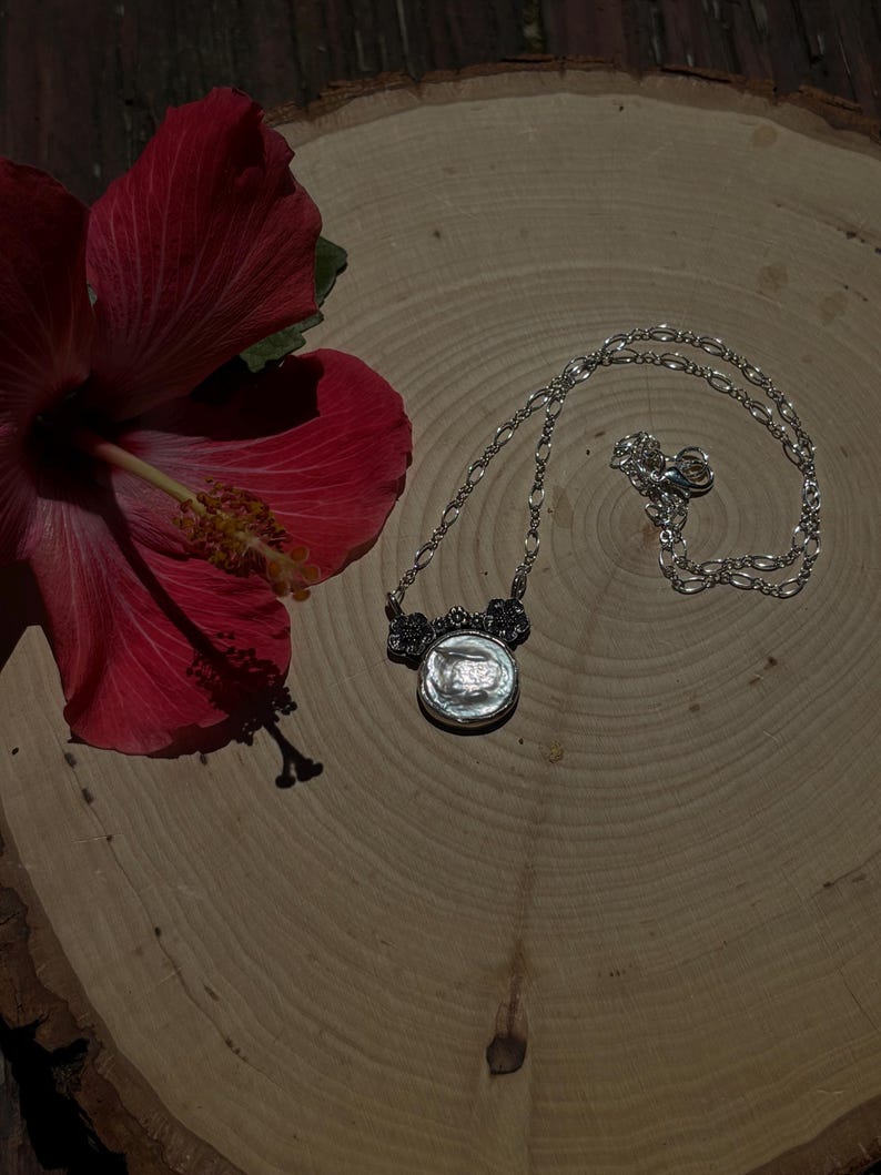 Coin Pearl and Flower Minnie Mouse handmade sterling silver necklace image 9