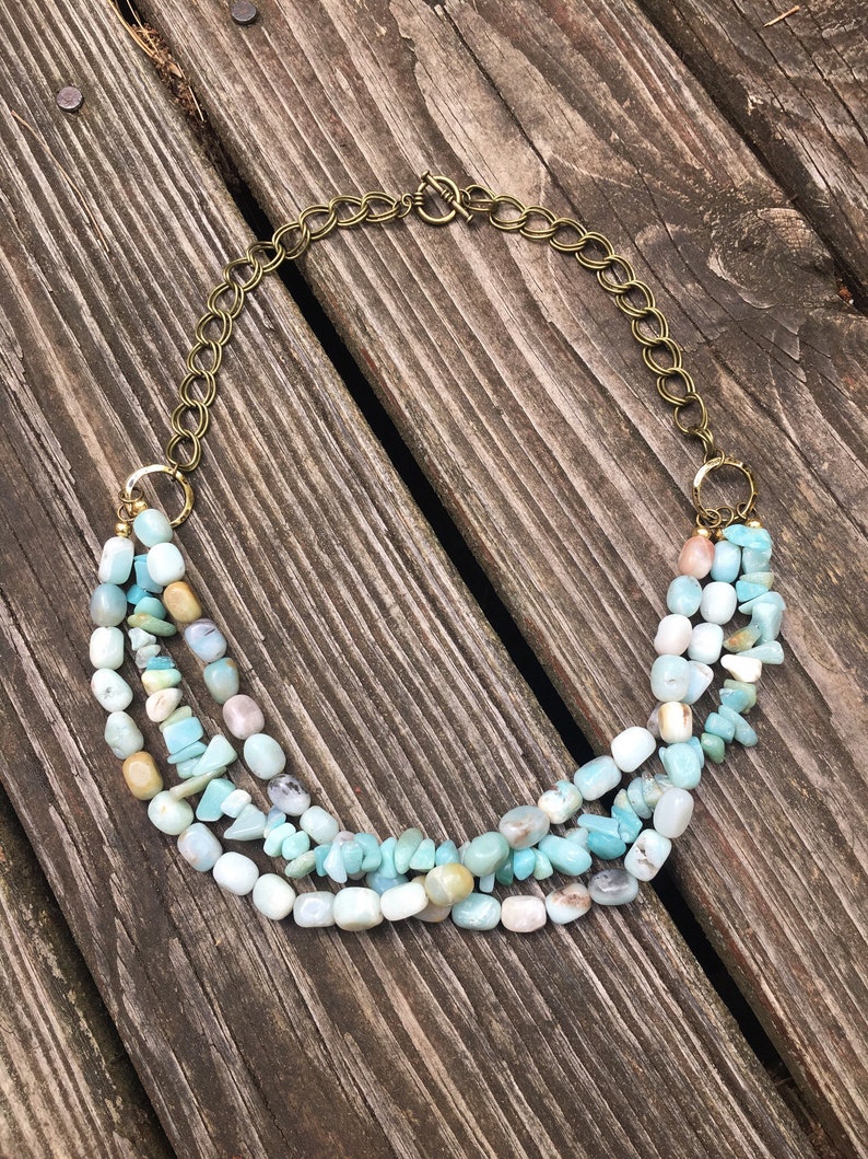 Amazonite statement necklace, amazonite crystal necklace, 3 string amazonite necklace, reiki healing, valentines gift, birthday gift, blue image 3