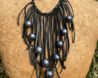 Peacock Pearl Leather Tassel Necklace, Edgy Fringe Bib Necklace