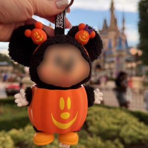 May include: A Halloween-themed Mickey Mouse keychain. The plush toy is dressed in a pumpkin costume with orange and black colors. The keychain has a silver ring and a black strap with the text "Mickey Mouse".