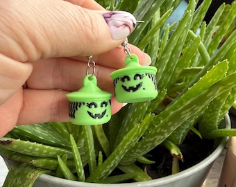 Halloween Bucket Earrings, Retro Trick or Treat Pail Dangle Earrings, Pumpkin Ghost Witch