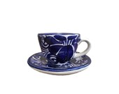 Talavera Espresso Ceramic Floral Cup and Saucer - Blue and White -2 oz - Espesso Azul y Blanco