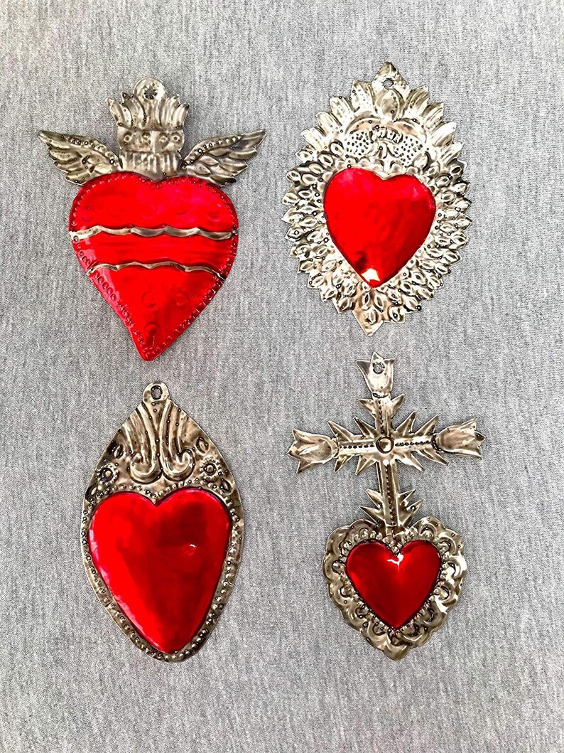 Milagros Charms Tin Painted Sacred Heart Ornaments Mexican Etsy