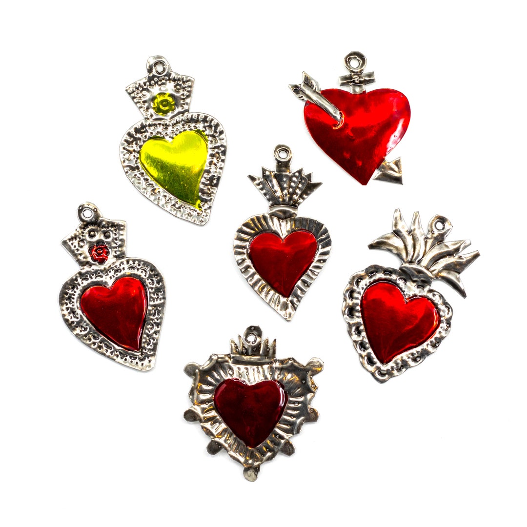 Milagros Charms Tin Painted Sacred Heart Ornaments Mexican Etsy