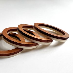 Mid-Century Modern Cherry Wood and Ivory Acrylic Napkin Ring Set x4