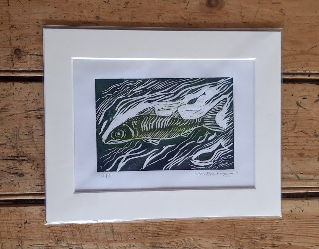 Original Linocut Print - Fish - Etsy UK