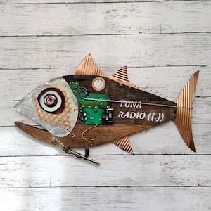 Recycled Wood Tuna Fish Sculpture: Handmade Wall Art Decor 20.5 x 12.2 in