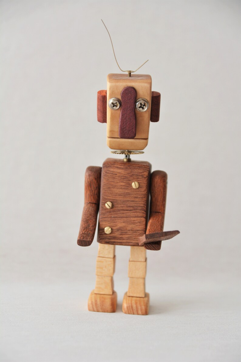 Wooden Robot made from scrap wood and watch pieces. Wooden Etsy
