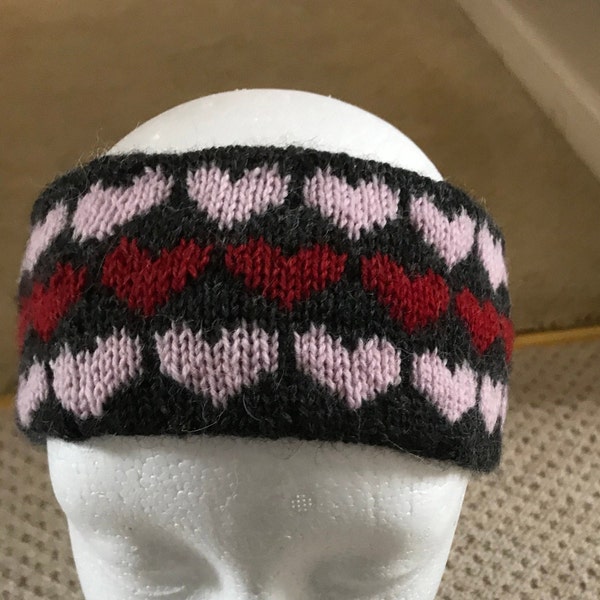 Heart design Ladies Fair Isle Headband in wool / alpaca mix