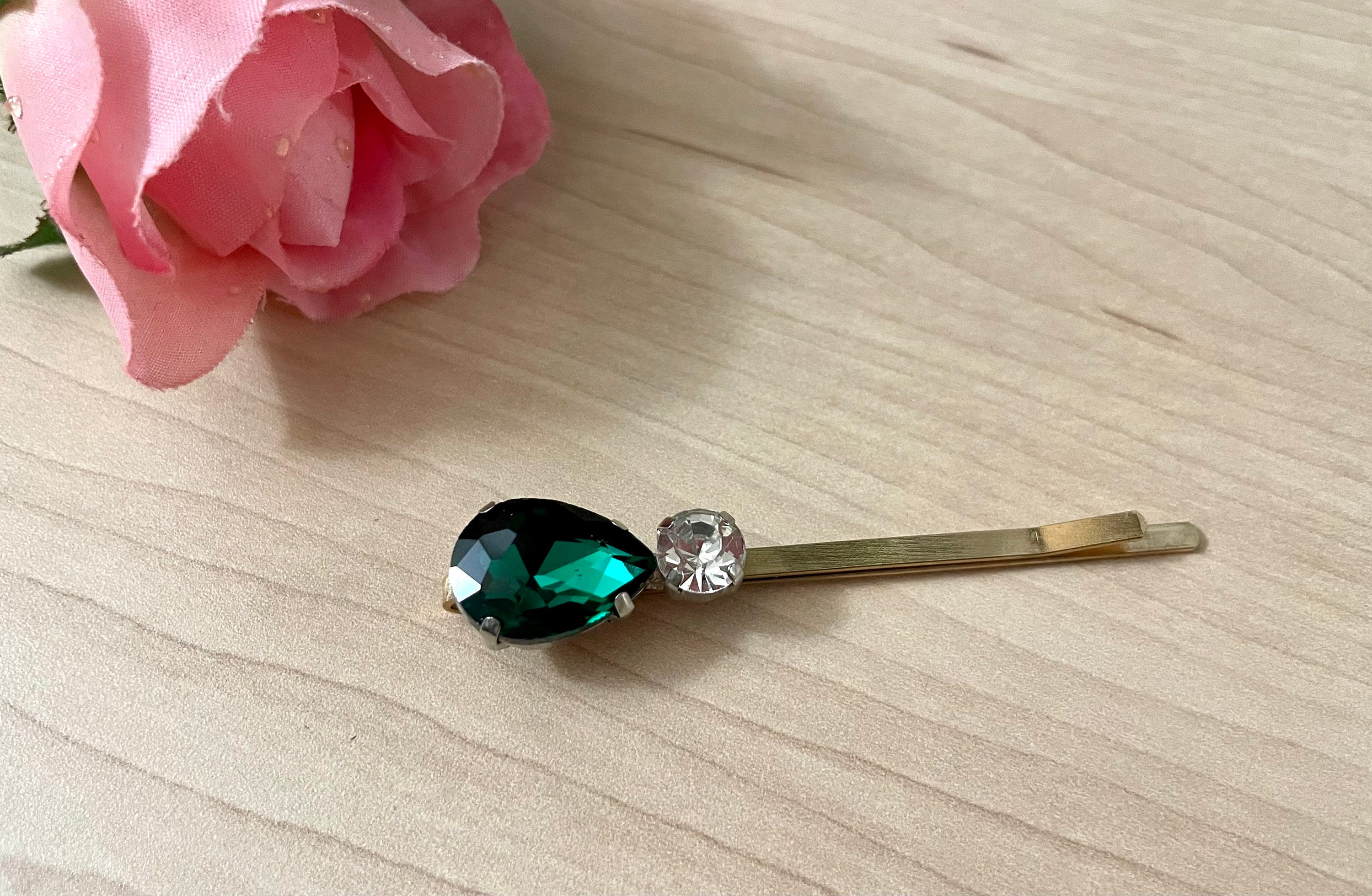 Emerald Green Jeweled Hairpin, Teardrop Shaped Rhinestone Hairpin ...