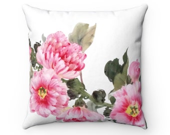 Pink Floral Throw Pillow, Chinese Painting Decorative Pillow