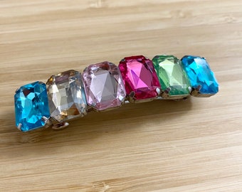 Rainbow Jeweled Barrette, Pastel Colored Rhinestone Barrette , Faux Gemstone Hair pin, Embellished Hairpin