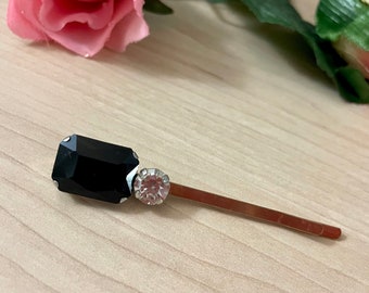 Elegant Jeweled Barrette, Black and Clear Rhinestone Hairpin, Faux Gemstone Bobby Pin, Embellished Hairpin
