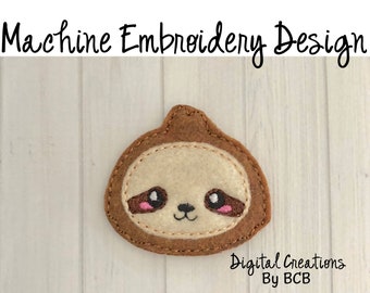 Diseño de bordado de perezoso kawaii en fieltro: En el aro (archivo digital)