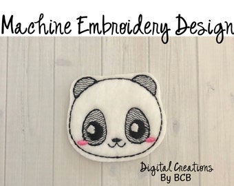 Kawaii panda face feltie embroidery design, digital machine embroidery file, in the hoop embroidery