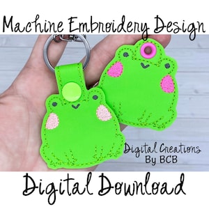 Cute Round Frog eyelet and snap tab embroidery design, digital machine embroidery file, in the hoop embroidery
