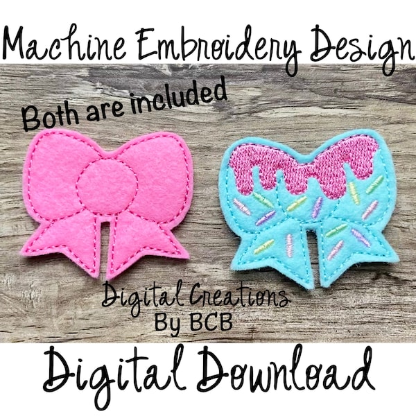 Bow with Icing and Sprinkles feltie embroidery design, digital machine embroidery file, in the hoop embroidery