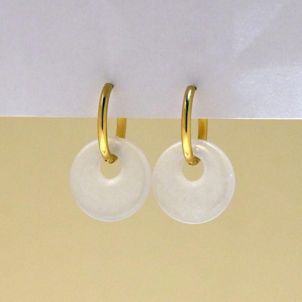 Pendientes de aro de jade grueso • Jade blanco helado birmano natural • Pendientes de aro colgantes