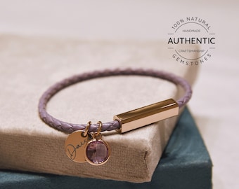 Personalized Birthstone Leather Bracelet • Engraving • Real Natural Gemstone • Gift for Her • Personalized Custom Gift • Gift for Mom