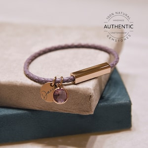 Amethyst birthstone bracelet in purple leather. Personalise with laser engraving. Genuine natural gemstones.