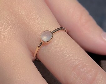 Dainty 18K Solid Rose Gold - Natural Icy White Jade Ring