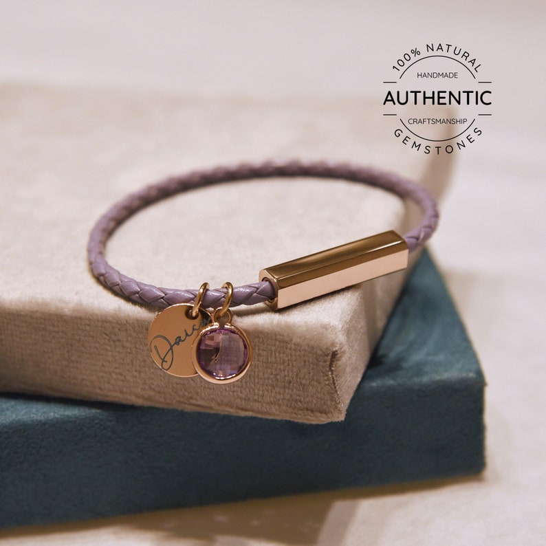 Amethyst birthstone bracelet in purple leather. Personalise with laser engraving. Genuine natural gemstones.