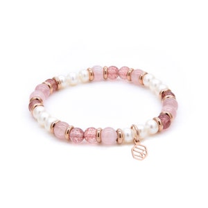 Bracelet de perles de quartz rose et fraises • Pierres précieuses naturelles • Cadeau pour elle • Cadeau pour maman
