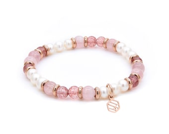 Pearl Rose Quartz Strawberry Quartz Beaded Bracelet • Natural Gemstone • Gift for Her • Gift for Mom