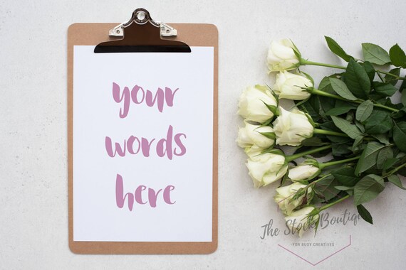 Styled Clipboard Mockup Photo White Roses Instant