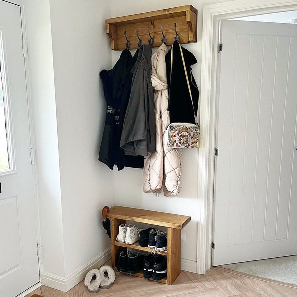 Ultimate Hallway Bundle Hand crafted rustic reclaimed wooden shoe bench and Coat Hook with shelf