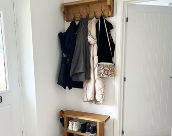 Ultimate Hallway Bundle Hand crafted rustic reclaimed wooden shoe bench and Coat Hook with shelf