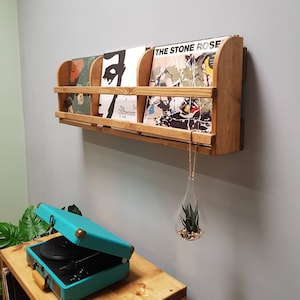 Triple Handmade reclaimed storage wooden vinyl record LP display holder - Wall mounted shelf