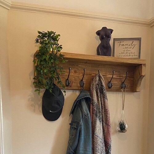 Pine Coat Rack With Shelf Cast Iron Metal Hooks Wood Rustic Etsy