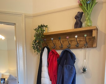 Rustic Reclaimed Wooden Coat Rack Coat Hooks With Shelf Wall Mounted Solid Wood Medium Oak Wax Colour Coloured Ceramic and Cast Iron Hooks
