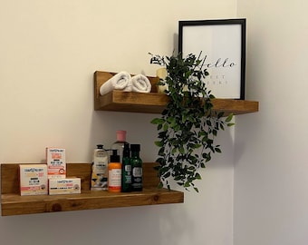 Wall mounted bathroom shelves, floating wooden shelf, storage solution, accessories display