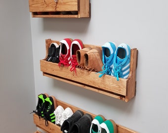 A Set of  3 Upcycled small, medium and large Reclaimed Wooden Shoe Racks Rustic Vintage Shoe / Display Shelf Space saver Shoe Storage