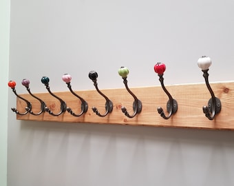 Coat Rack / Coat Hanger / Coat Hooks - Handmade Reclaimed pine with Victorian Antique Ceramic shell tip hooks