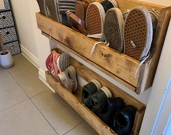 A Set of  2 Upcycled Medium Reclaimed Wooden Shoe Racks Rustic Vintage Shoe / Display Shelf Space saver Shoe Storage