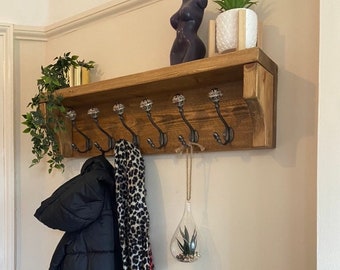 Rustic Reclaimed Wooden Coat Rack Coat Hooks With Shelf Wall Mounted Solid Wood Medium Oak Wax Colour Ceramic and Cast Iron Hooks