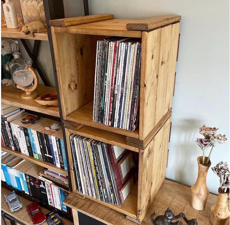 Reclaimed Wood Vinyl Record Storage Crate: Stackable LP Media Unit image 17