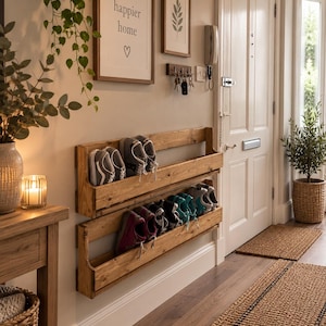 Puede incluir: Un zapatero de madera montado en la pared de dos niveles con un acabado de veta de madera natural. El estante sostiene varios pares de zapatillas deportivas en varios colores, incluidos gris, negro, verde azulado y granate, ordenados en los estantes.