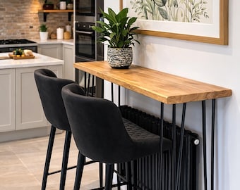 Rustic Chunky Wooden Tall Breakfast Bar Table with Metal Heavy Duty Hairpin Legs, Dining Table, Coffe Table, Variable Height