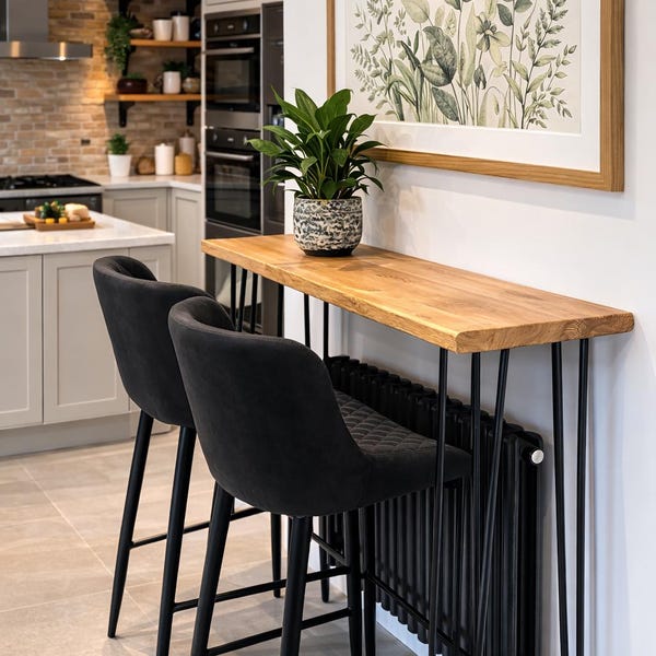Rustic Chunky Wooden Tall Breakfast Bar Table with Metal Heavy Duty Hairpin Legs, Dining Table, Coffe Table, Variable Height