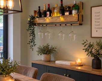 Rustic Wooden Bottle & Wine Glass Rack | Handmade Wall Mounted Wine Storage | Kitchen Dining Room Home Bar Shelf