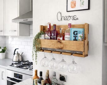 Rustic Wooden Wine Rack with Hanging Glass Holder | Wall Mounted Bottle Storage | Handmade Home Bar & Kitchen Shelf