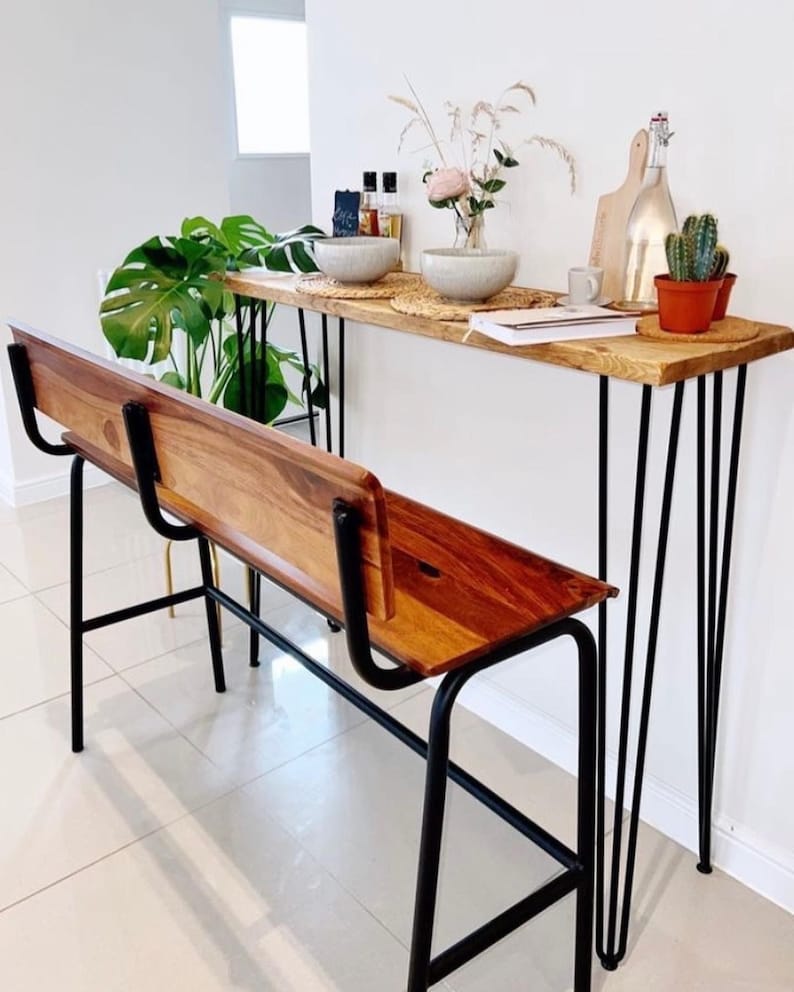 Breakfast Bar, Kitchen Dining Area Table, Scaffold Boards, Rustic Kitchen Furniture, Handmade Reclaimed Bar With Hairpin Legs 