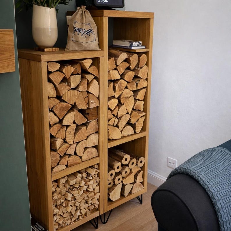 Handmade Slim Quebec Pine Wooden Log Store | Firewood & Kindling Storage | Modern Log Burner Wood Holder image 5