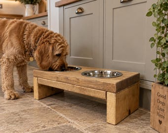 Handmade Solid Wood Dog Feeding Station | Raised Pet Feeder | Includes 2 Removable Metal Bowls